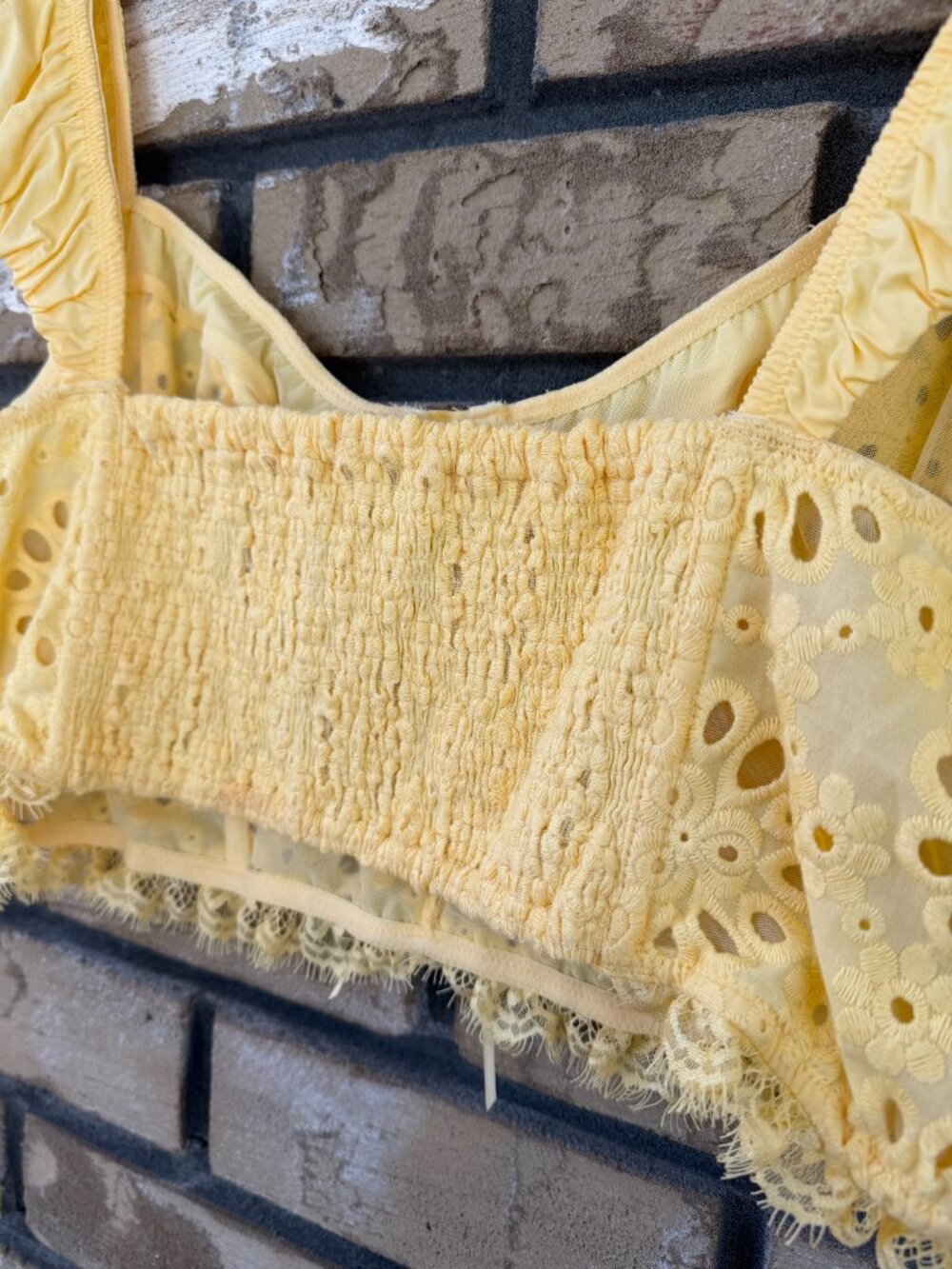 By Anthropologie Eyelet Ruffle Crop Top Bustier in Pineapple Yellow XL NWT - Picture 8 of 14